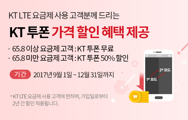 KT LTE 요금제 사용 고객분께 드리는 KT 투폰 가격 할인 혜택 제공 -65.8 이상 요금제 고객 : KT투폰 무료/-65.8 미만 요금제 고객 : KT투폰 50% 할인/기간 : 2017년 9월 1일~12월 31일까지 (KT LTE 요금제 사용 고객에 한하며, 가입일로부터 2년 간 할인 적용됩니다.)