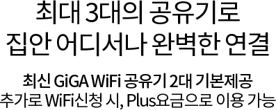 최대 3대의 공유기로 집안 어디서나 완벽한 연결, 최신 GiGA WiFi 공유기 2대 기본제공 추가로 WiFi신청 시, Plus요금으로 이용 가능
