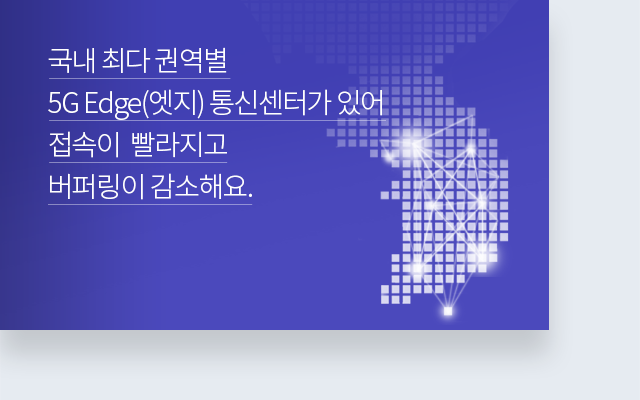 국내 최다 권역별 5G Edge(엣지) 통신센터가 있어 접속이  빨라지고 버퍼링이 감소해요.