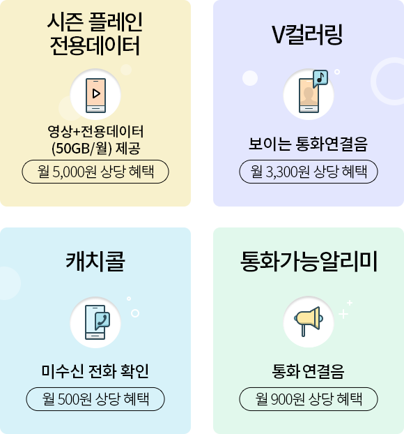 시즌플레인 전용데이터, 영상 전용데이터 50GB/월 제공 월 5,000원 상당 혜택, V컬러링, 보이는 통화연결음 월 3,300원 상당 혜택, 캐치콜, 미수신 전화 확인 월 500원 상당 혜택, 통화가능알리미, 통화 연결음 월 900원 상당 혜택