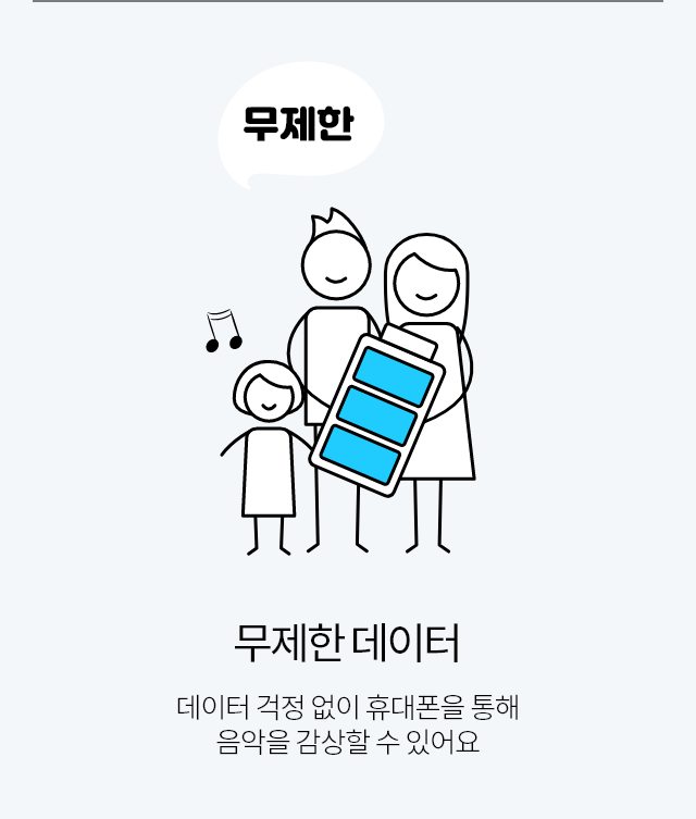 무제한 데이터 데이터 걱정 없이 휴대폰을 통해 음악을 감상할 수 있어요