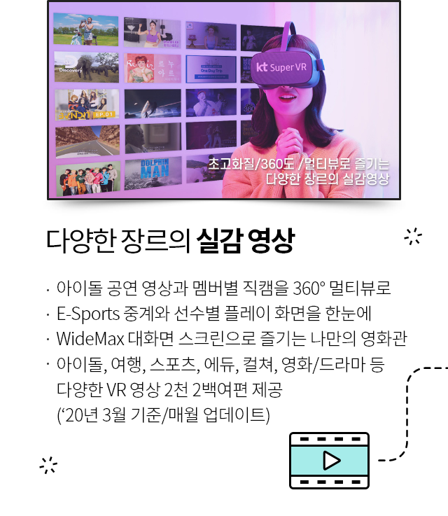 다양한 장르의 실감 영상, 아이돌 공연 영상과 멤버별 직캠을 360도 멀티뷰로, E-Sports 중계와 선수별 플레이 화면을 한눈에, WideMax 대화면 스크린으로 즐기는 나만의 영화관, 아이돌, 여행, 스포츠, 에듀, 컬쳐, 영화/드라마 등 다양한 VR 영상 2천 2백여편 제공('20년 3월 기준/매월 업데이트)