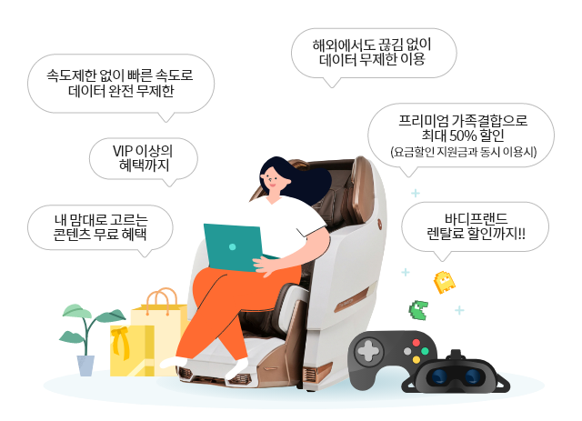 속도제한 없이 빠른 속도로 데이터 완전 무제한,  VIP 이상의 혜택까지, 내 맘대로 고르는 콘텐츠 무료 혜택, 해외에서도 끊김 없이 데이터 무제한 이용, 프리미엄 가족결합으로 최대 50% 할인(요금할인 지원금과 동시 이용시), 바디프랜드 렌탈료 할인까지!