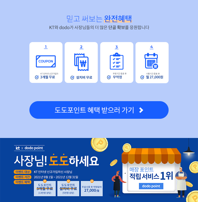 믿고 써보는 완전혜택 KT와 dodo가 사장님들의 더 많은 단골 확보를 응원합니다. 1. COUPON KT 인터넷 신규 가입자 3개월 무료, 2. 설치비 무료, 3. 무료기간 종료 후 무약정, 4. 사용기간 종료 후 월 27,000원 도도포인트 혜택 받으러 가기, kt x dodo point, 사장님! 도도하세요, 이벤트 대상 : KT 인터넷 신규 가입하신 사장님, 이벤트 기간 : 2021년 9월 1일 ~ 2021년 12월 31일, 이벤트 혜택 : 1. 도도포인트 3개월 무료(13만원 상당), 2. 도도포인트 설치비 무료(5만원 상당), 3. 무료사용 후 약정없이 27,000/월, 매장 포인트 적립 서비스1위 dodo point