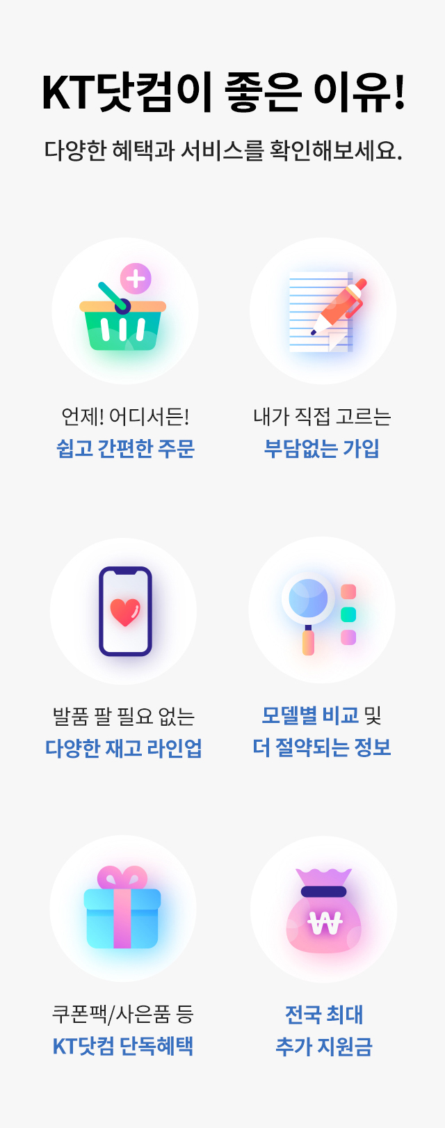 KT닷컴이 좋은 이유! 다양한 헤택과 서비스를 확인해보세요. 언제! 어디서든! 쉽고 간편한 주문, 내가 직접 고르는 부담없는 가입, 발품 팔 필요 없는 다양한 재고 라인업, 모델별 비교 및 더 절약되는 정보, 쿠폰팩/사은품 등 KT닷컴 단독헤택, 전국 최대 추가 지원금