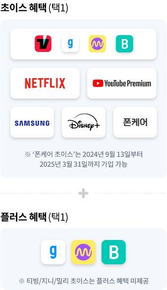 초이스 혜택(택1) TVING, genie, Millie, Blice, NETFLIX, Youtube Premium, Disney, SAMSUNG, 폰케어 ※ '폰케어 초이스'는 2024년 9월 13일부터 2025년 3월 31일까지 가입 가능 + 플러스 혜택(택1) genie, millie, blice ※ 티빙/지니/밀리 초이스는 플러스 혜택 미제공