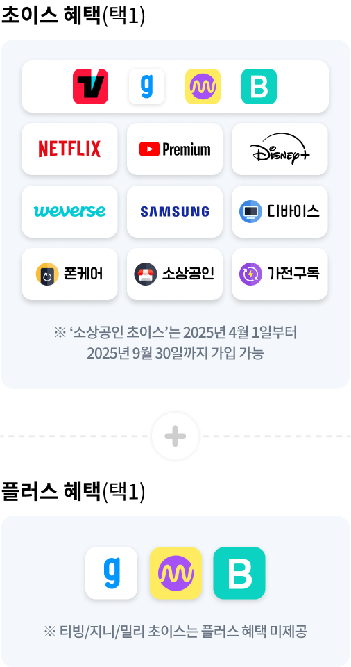 초이스 혜택(택1) TVING, genie, Millie, Blice, NETFLIX, Youtube Premium, Disney, Weverse, SAMSUNG, 폰케어, 소상공인 ※ ‘소상공인 초이스’는 2025년 4월 1일부터 2025년 9월 30일까지 가입 가능, + 플러스 혜택(택1) genie, millie, blice ※ 티빙/지니/밀리 초이스는 플러스 혜택 미제공