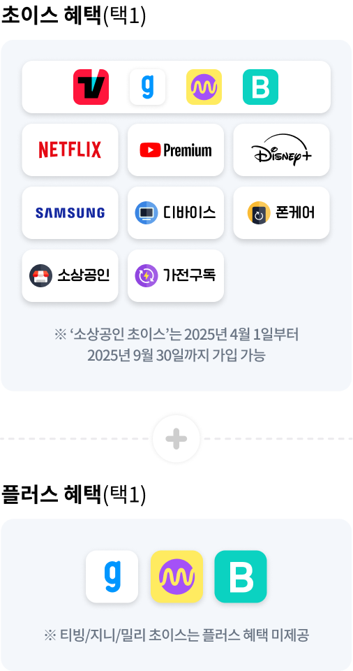초이스 혜택(택1) TVING, genie, Millie, Blice, NETFLIX, Youtube Premium, Disney, SAMSUNG, 폰케어, 소상공인, 가전구독 ※ ‘소상공인 초이스’는 2025년 4월 1일부터 2025년 9월 30일까지 가입 가능, + 플러스 혜택(택1) genie, millie, blice ※ 티빙/지니/밀리 초이스는 플러스 혜택 미제공