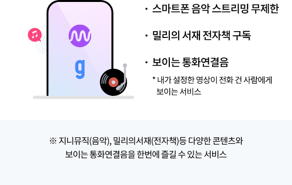스마트폰 음악 스트리밍 무제한, 밀리의 서재 전자책 구독, 보이는 통화연결음, *내가 설정한 영상이 전화 건 사람에게 보이는 서비스 ※ 지니뮤직(음악), 밀리의서재(전자책)등 다양한 콘텐츠와 보이는 통화연결음을 한번에 즐길 수 있는 서비스