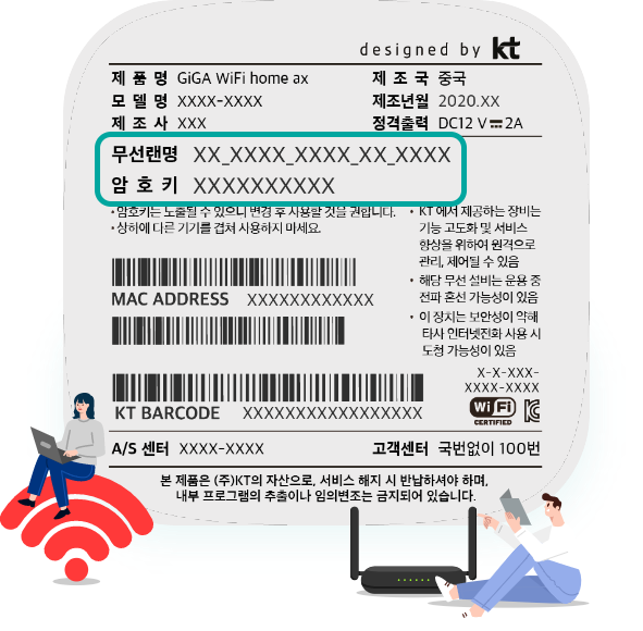 공유기 바닥면 무선랜명, 암호 예시 이미지