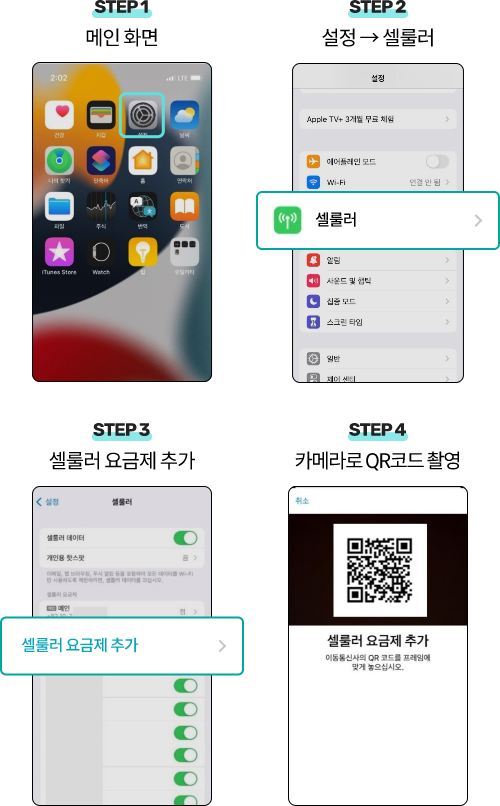 step1 메인화면, step2 설정→셀룰러, step3 셀룰러 요금제 추가, step4 카메라로 QR코드 촬영