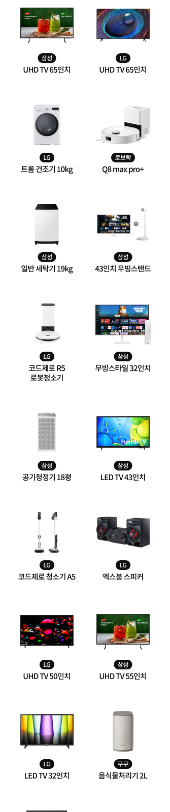 [삼성] UHD TV 65인치, [LG] UHD TV 65인치, LG 트롬 건조기 10kg, 로보락 Q8 max pro, [삼성] 일반 세탁기 19kg, [삼성] 43인치 무빙스탠드, [LG] 코드제로 R5 로봇청소기, [삼성] 무빙스타일 32인치, [삼성] 공기청정기 18평, [삼성] LED TV 43인치, [LG] 코드제로 청소기 A5, [LG] 엑스붐 스피커, [LG] UHD TV 50인치, [삼성] UHD TV 55인치, [LG] LED TV 32인치, [쿠쿠] 음식물처리기 2L