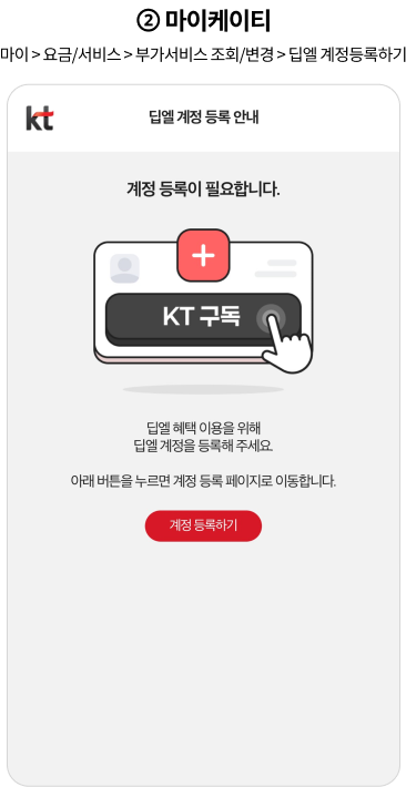 이용중인 요금제로 티빙/지니 초이스가 선택되어 있고 티빙 계정 등록하기 링크가 있는 요금제 화면 예시